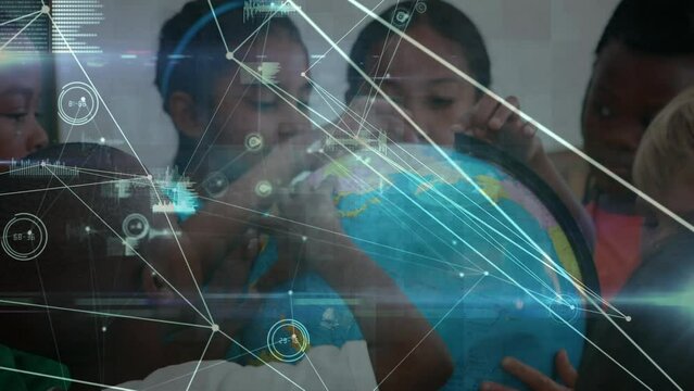 Animation of network of connections over diverse school children with globe