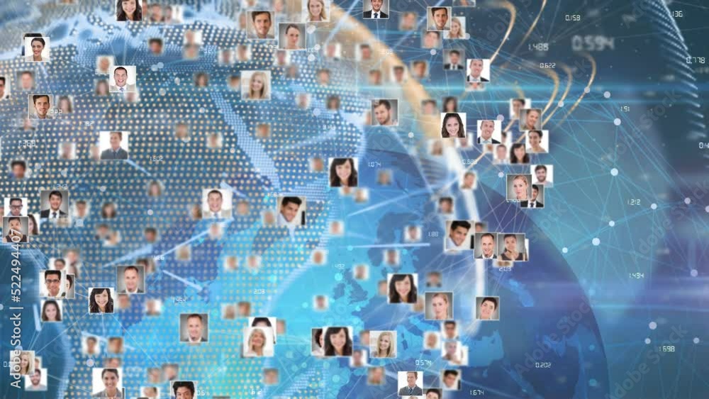 Poster animation of diverse people icons over globe and data processing