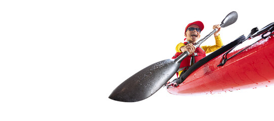 Beginner kayaker in red canoe, kayak with a life vest and a paddle isolated on white background. Concept of sport, nature, travel, active lifestyle