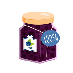 Blueberry jam vector illustration. Cartoon isolated glass jar with lid and berry fruit on paper label full of jelly fruity marmalade, natural organic product for eating and sweet food ingredient