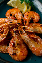 Fried with spices, King prawns, undivided , top view, selective focus, seafood, shrimp, no people,