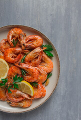 Fried with spices, King prawns, undivided , top view, selective focus, seafood, shrimp, no people,
