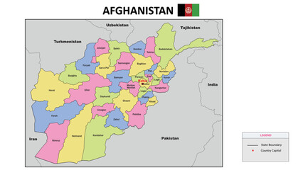 Afghanistan Map. State and district map of Afghanistan. Political map of Afghanistan with neighboring countries and borders.