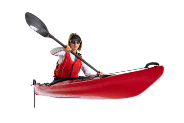 Young woman, sportsman in red canoe, kayak with a life vest and a paddle isolated on white background. Concept of sport, nature, travel, active lifestyle