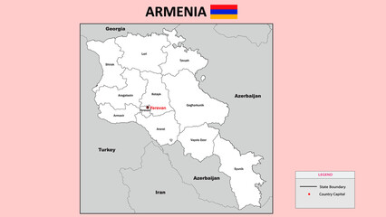 Armenia Map. State and district map of Armenia. Administrative map of Armenia with district and capital in white color.