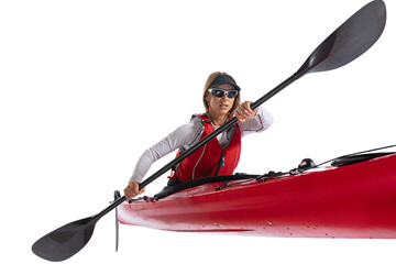 Young woman, sportsman in red canoe, kayak with a life vest and a paddle isolated on white...