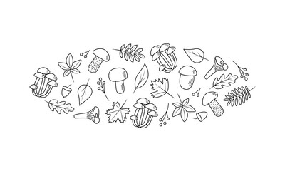 Doodle set of tree leaves and mushrooms, autumn concept, vector illustration.