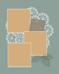 Photobook Collage and September 2022 calendar template frame, scrapbooking, lace, leaf stamp imprint. Vector illustration