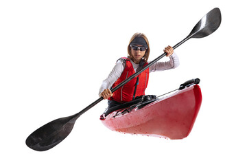 Rowing. Young woman, sportsman in red canoe, kayak with a life vest and a paddle isolated on white background.