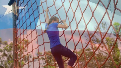 Animation of flag of chile over caucasian woman during obstacle race training - Powered by Adobe