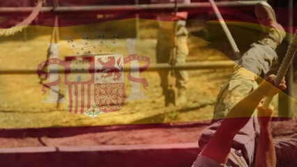 Animation of flag of spain over diverse male soldiers during training - Powered by Adobe