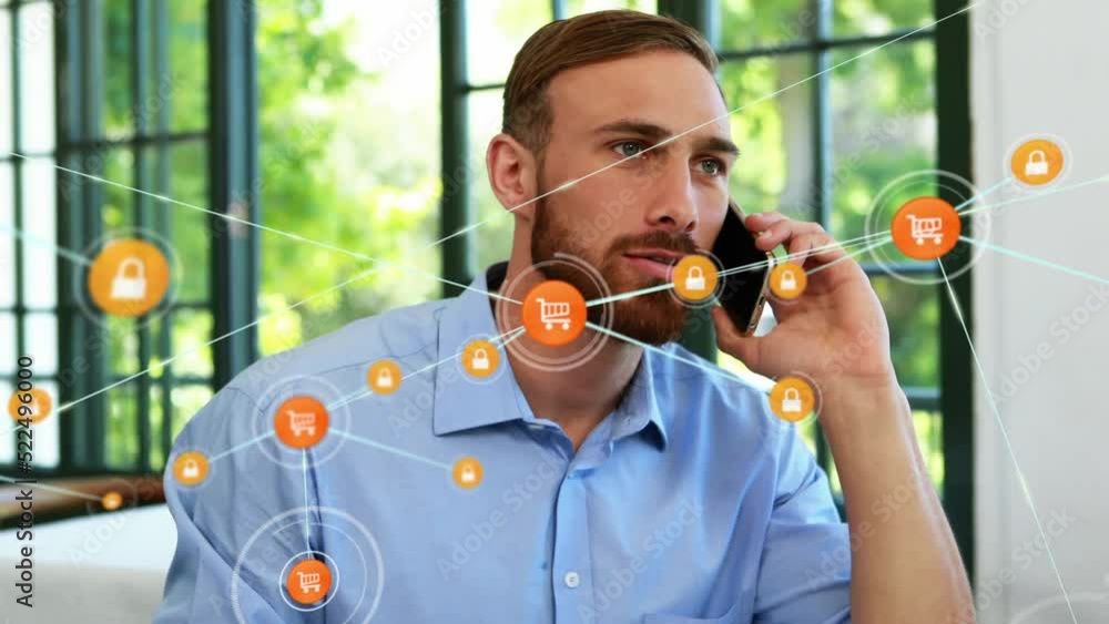 Poster animation of network of connections over caucasian businessman using smartphone
