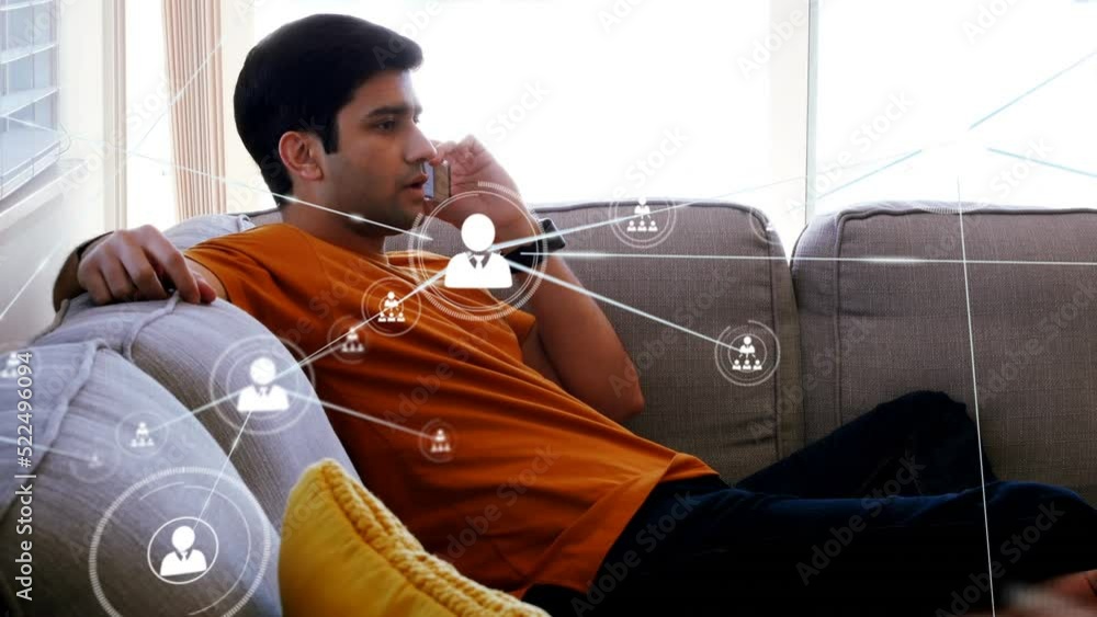 Poster animation of network of connections over caucasian man using smartphone