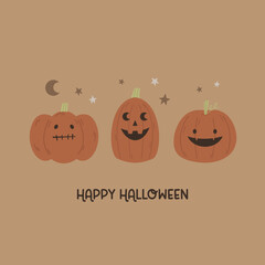 Halloween illustration with three funny, cheerful pumkins