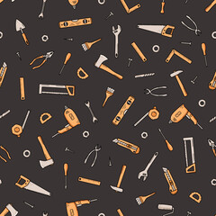 Seamless pattern Construction tools, doodle vector set of repair elements, cartoon icons.
