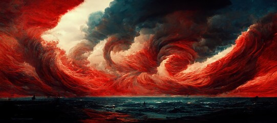 Wrath of nature, impossibly turbulent surreal hurricane storm with huge terrifying waves. Gloomy overcast crimson red clouds - Armageddon climate disaster, digital painting.