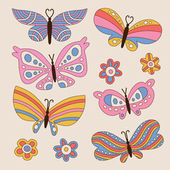 Fototapeta na wymiar Set of retro butterflies in 60s 70s groovy style isolated. Flowers Child elements Collection. Vintage Hippie butterfly. Vector hand drawn illustration.