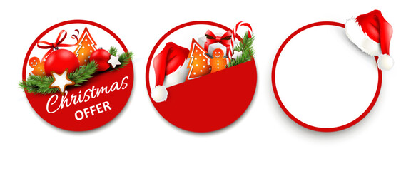 Christmas sticker label set with christmas decoration. Santa hat, gingerbread man, cookies and fir twigs - 522497401