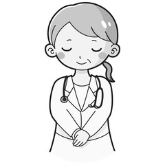 おじぎをする白衣を着たシニア女性のイラスト（聴診器付き）