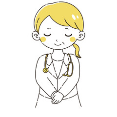おじぎをする白衣を着たシニア女性のイラスト（聴診器付き）