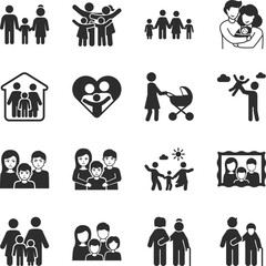 Family icons set. People family members together hurt time. Parents and children. Family values. Monochrome black and white icon.