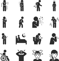 Disease, symptom icons set. Health conditions, human diseases and symptoms. Poor health, not feeling well. Monochrome black and white icon.