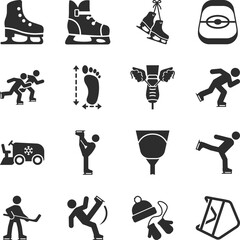 Ice skating icons set. Everything you need for skating, different skates, lacing, sharpening, equipment. Monochrome black and white icon. © Mintoboru