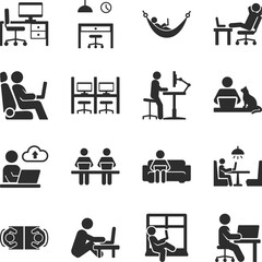 Workspace, a place to work icons set. People work with a laptop or computer in various places. In the office, in the car, in a coffee shop, in a co-working room. Monochrome black and white icon.