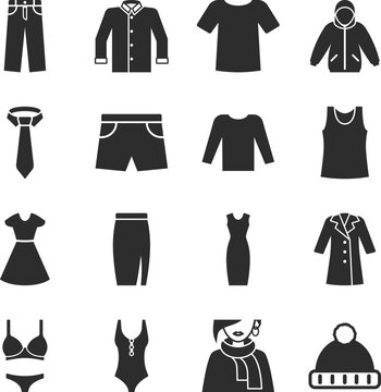 Clothing icons set. Various clothing for women and men. Outerwear, underwear. Monochrome black and white icon.