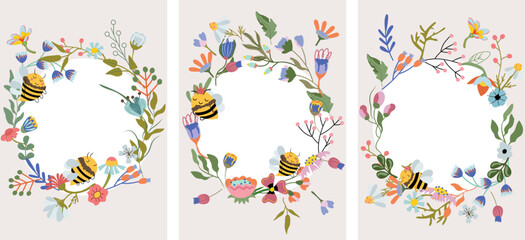 Fototapeta na wymiar Vector cute wreaths with wildflowers flowering and honey bees. Composition for your greeting cards, wedding, postcard. Vector Illustration.