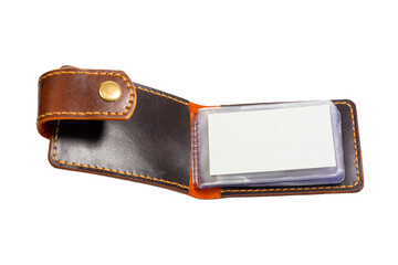 Open luxury craft business card holder case made of leather.