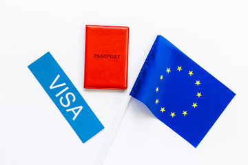 Flag of European Union with passport. Travel visa and citizenship concept