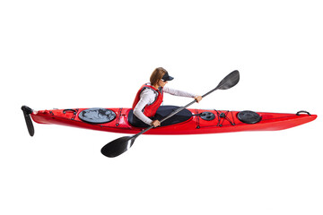 Aerial view of young woman in red canoe, kayak with a life vest and a paddle isolated on white background. Concept of sport, nature, travel, active lifestyle