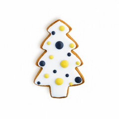 Ginger cookies in the form of a Christmas tree, decorated with colored glaze, isolated on a white background. Christmas cookies. Close-up.
