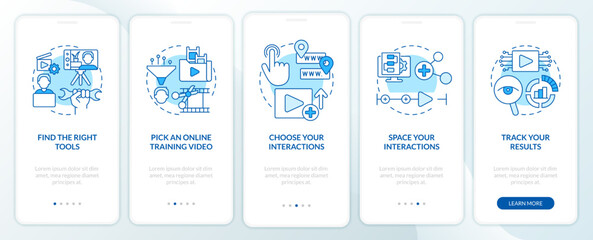 Creating educational video blue onboarding mobile app screen. Walkthrough 5 steps editable graphic instructions with linear concepts. UI, UX, GUI template. Myriad Pro-Bold, Regular fonts used