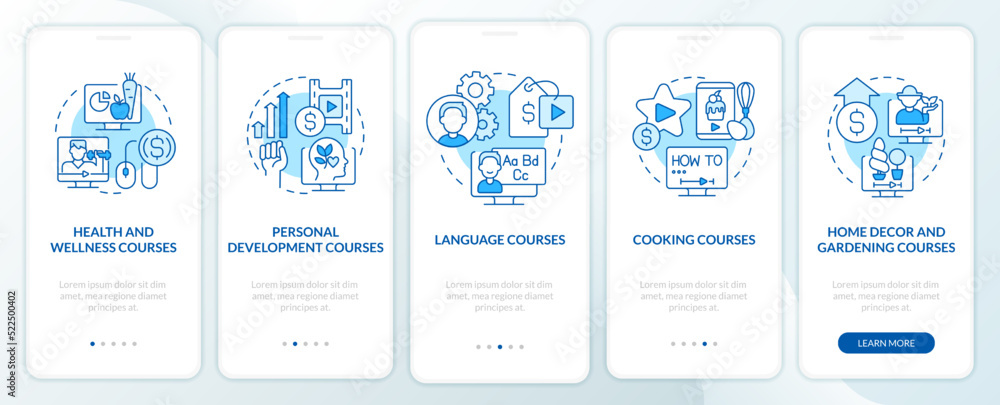 Poster online tutorials ideas blue onboarding mobile app screen. walkthrough 5 steps editable graphic instr