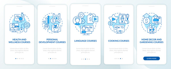 Online tutorials ideas blue onboarding mobile app screen. Walkthrough 5 steps editable graphic instructions with linear concepts. UI, UX, GUI template. Myriad Pro-Bold, Regular fonts used