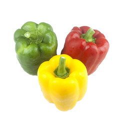 three Bell pepper Red yellow and green fresh delicious isolated on white background