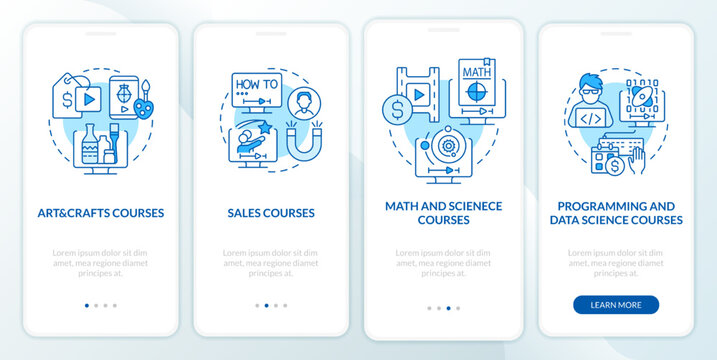 Online courses ideas blue onboarding mobile app screen. Walkthrough 5 steps editable graphic instructions with linear concepts. UI, UX, GUI template. Myriad Pro-Bold, Regular fonts used