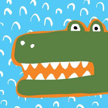 Funny Infantile Style Drawing with Big Green Alligator in a Blue Water. Cute Hand Drawn Vector Illustration with Dinosaur Head. Cool Nursery Art ideal for Card, Poster, Wall Art. Safari Party Print.