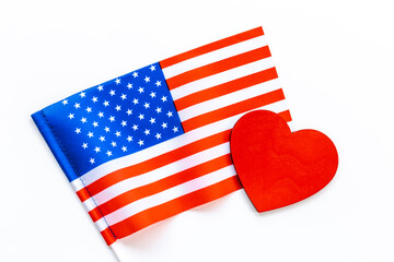 Flag of USA with heart sign. Travel visa and citizenship concept
