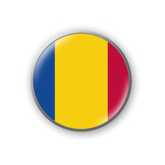 Fototapeta premium Romania flag. Round badge in the colors of the Romania flag. Isolated on white background. Design element. 3D illustration.