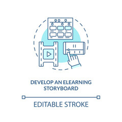Develop eLearning storyboard turquoise concept icon. Sales online training videos abstract idea thin line illustration. Isolated outline drawing. Editable stroke. Arial, Myriad Pro-Bold fonts used