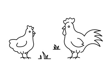 Rooster and chicken linear illustration. Editable stroke