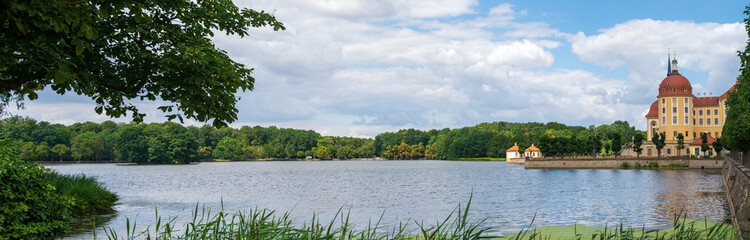 Panoramic view of the lake surrounding Moritzburg castle  in summer