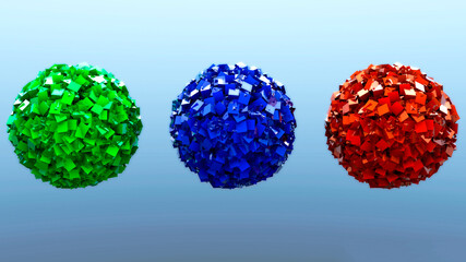 Three multi-colored balls on a blue background