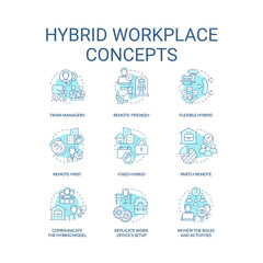 Hybrid workplace turquoise concept icons set. Work shifts. Flexible schedule idea thin line color illustrations. Isolated symbols. Editable stroke. Roboto-Medium, Myriad Pro-Bold fonts used