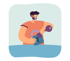 Happy cartoon man opening big lock with key. Protection of internet data flat vector illustration. Security or safety, personal information concept for banner, website design or landing web page