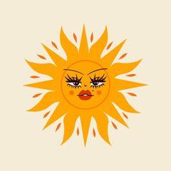 Hand drawn Sun with face. Big open eyes and red lips. Isolated icon. Design element, logo template, sticker. Trendy Vector illustration. Celestial drawing. Cartoon style. Flat design