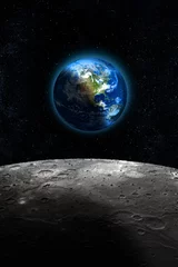 Stof per meter Volle maan en bomen Planeet Aarde gezien vanaf de Maan